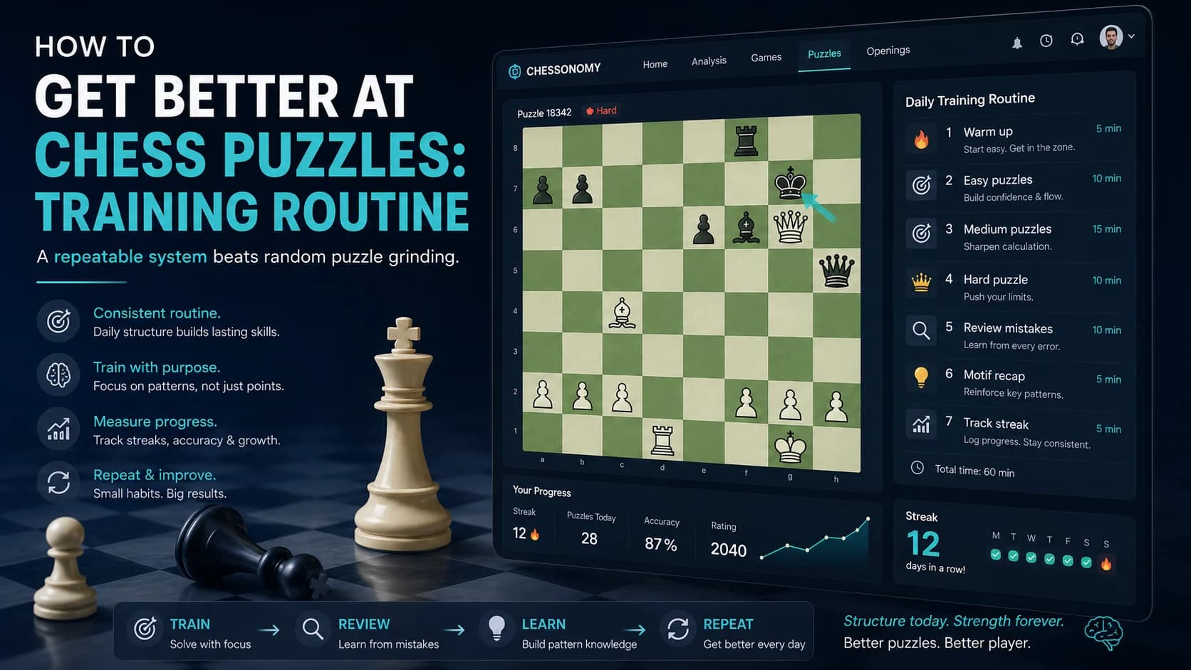 Weekly chess puzzle training routine balancing daily puzzles, classic puzzles, and mistake review