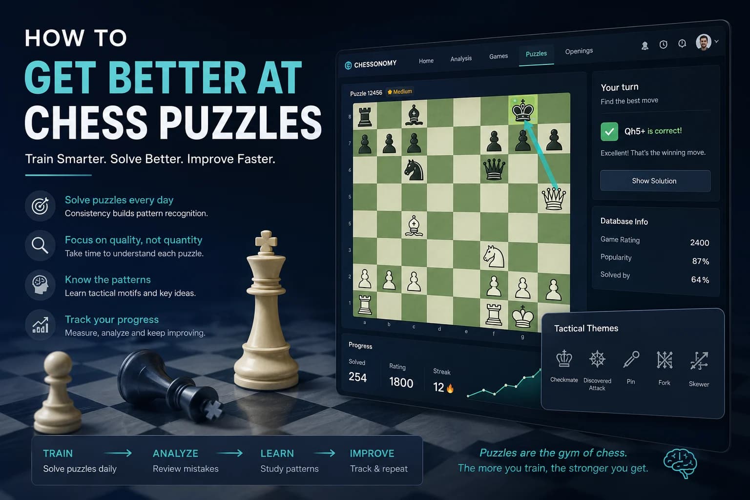 Chessonomy puzzle trainer showing a tactical chess position, progress controls, and daily practice interface