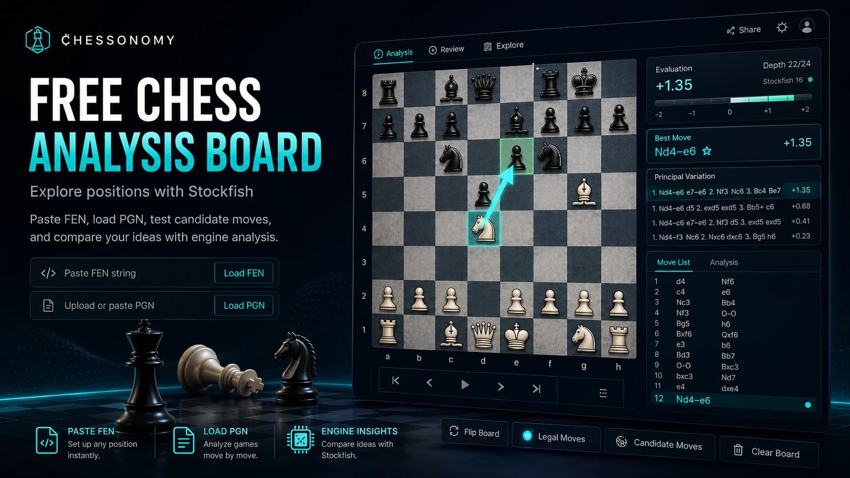 Free chess analysis board with a Stockfish evaluation, FEN input, and legal move exploration
