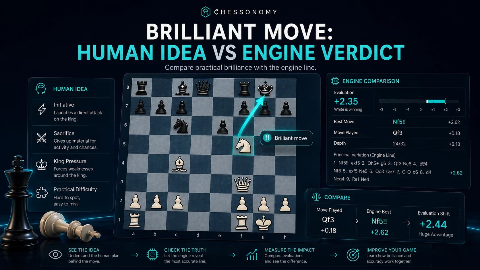 Brilliant chess move comparison showing played sacrifice, engine best line, and defensive reply