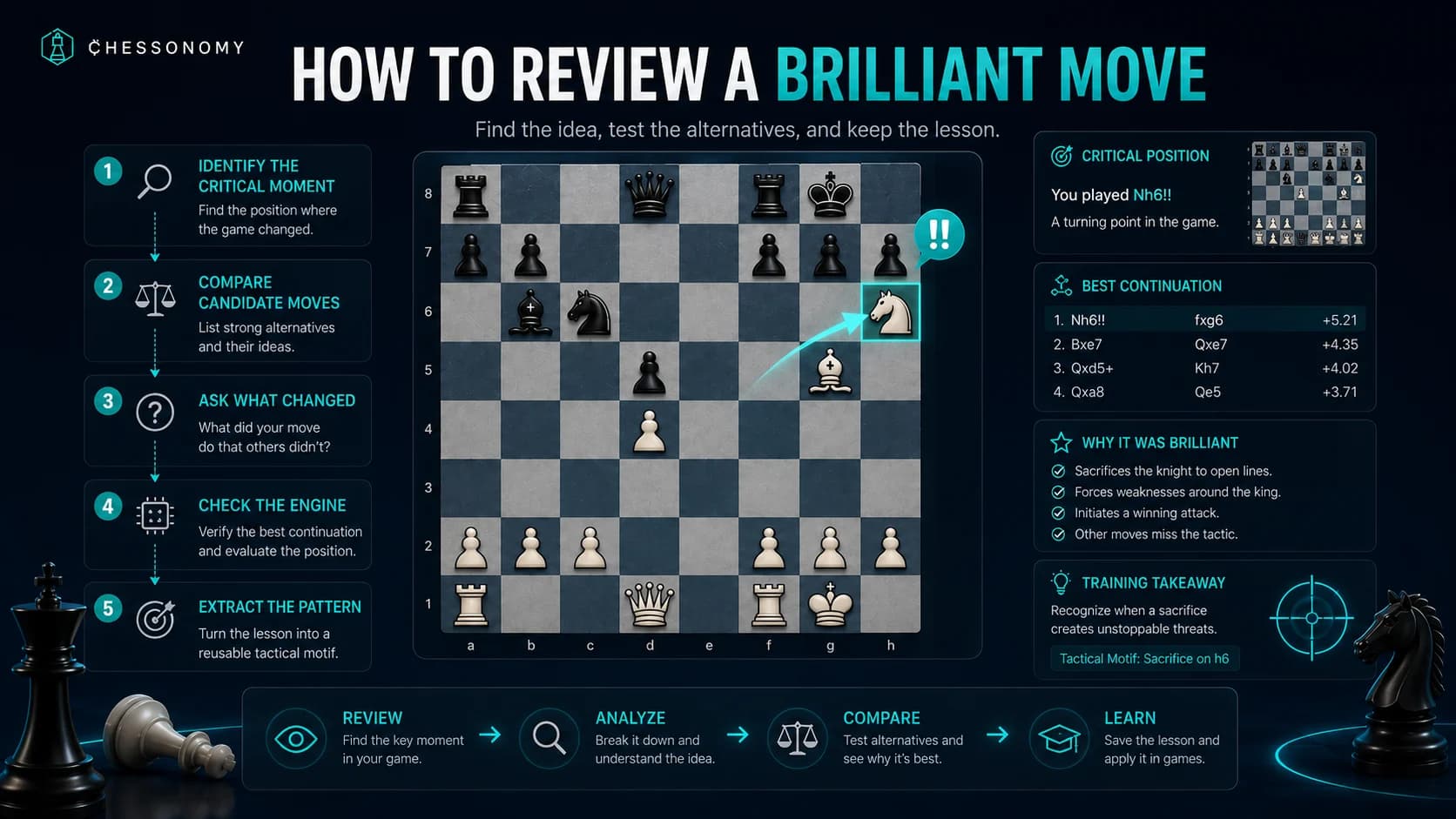 Chessonomy brilliant move review workflow from game review to analysis board and puzzle training
