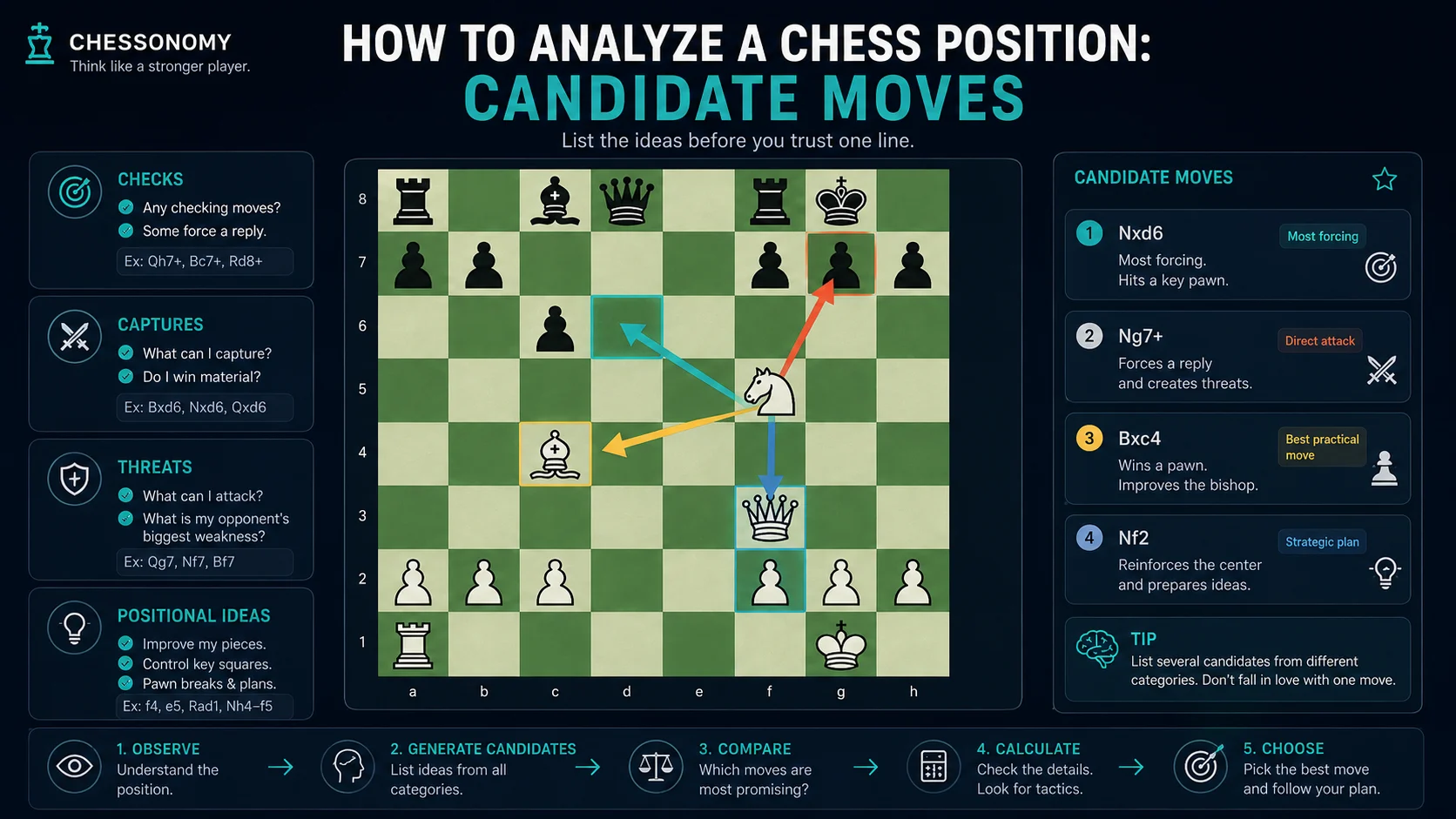Chess position analysis board with three candidate moves marked before checking Stockfish