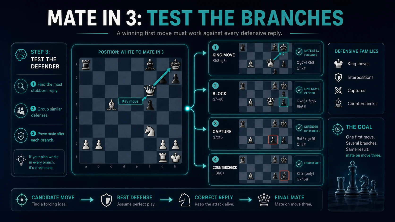 Mate in 3 calculation tree with candidate checks, defensive replies, and final checkmate branches