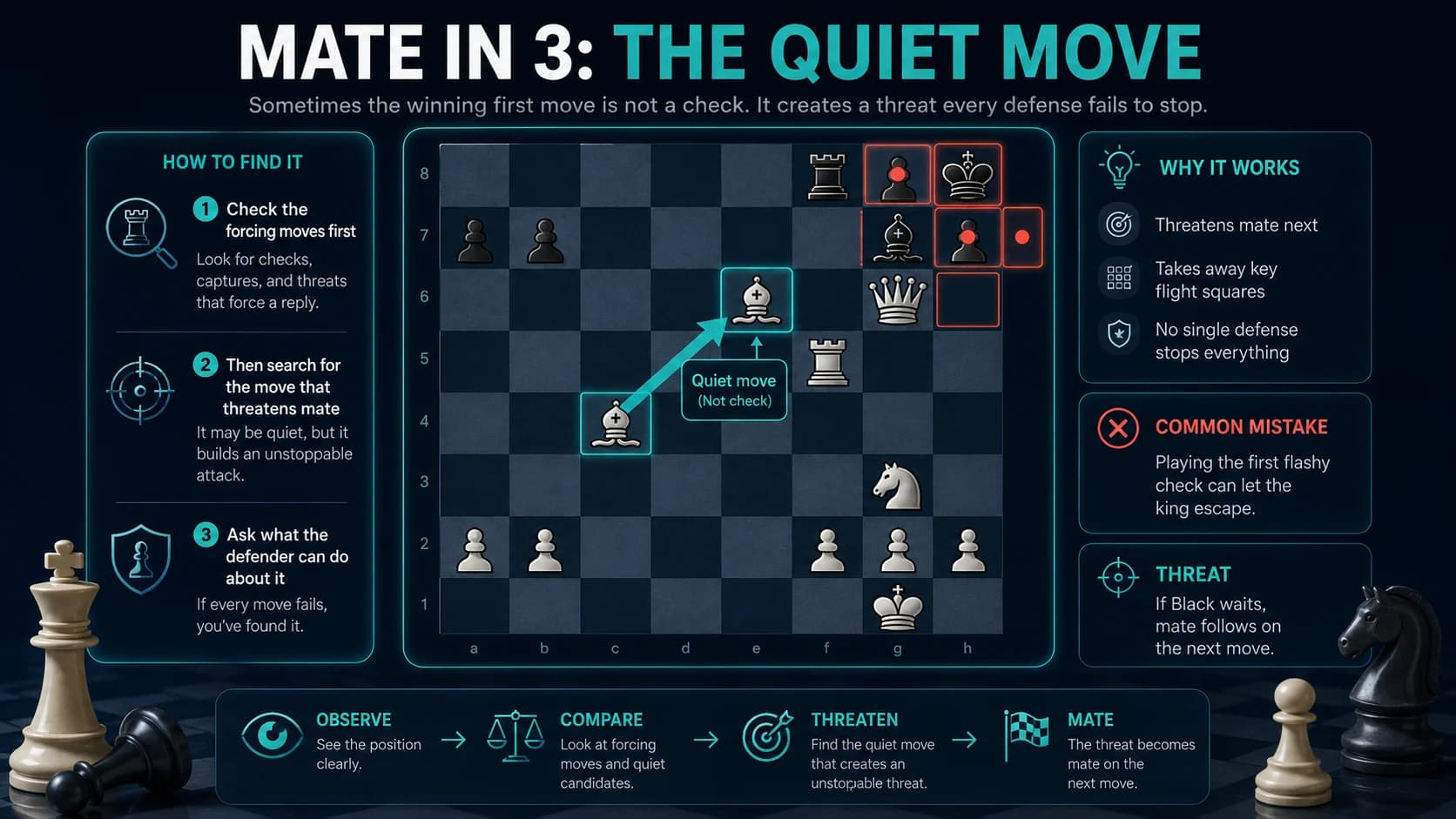 Chess board showing a mate in 3 puzzle with forcing lines and escape squares highlighted