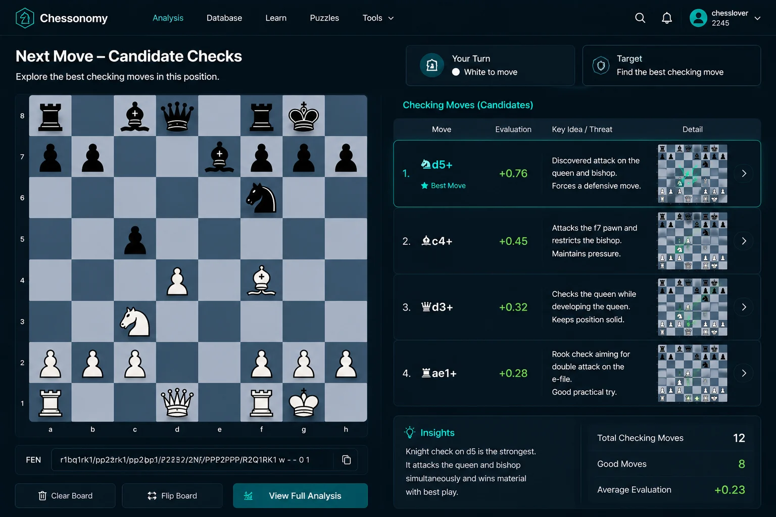 Next chess move workflow showing checks, captures, threats, and candidate moves on a board