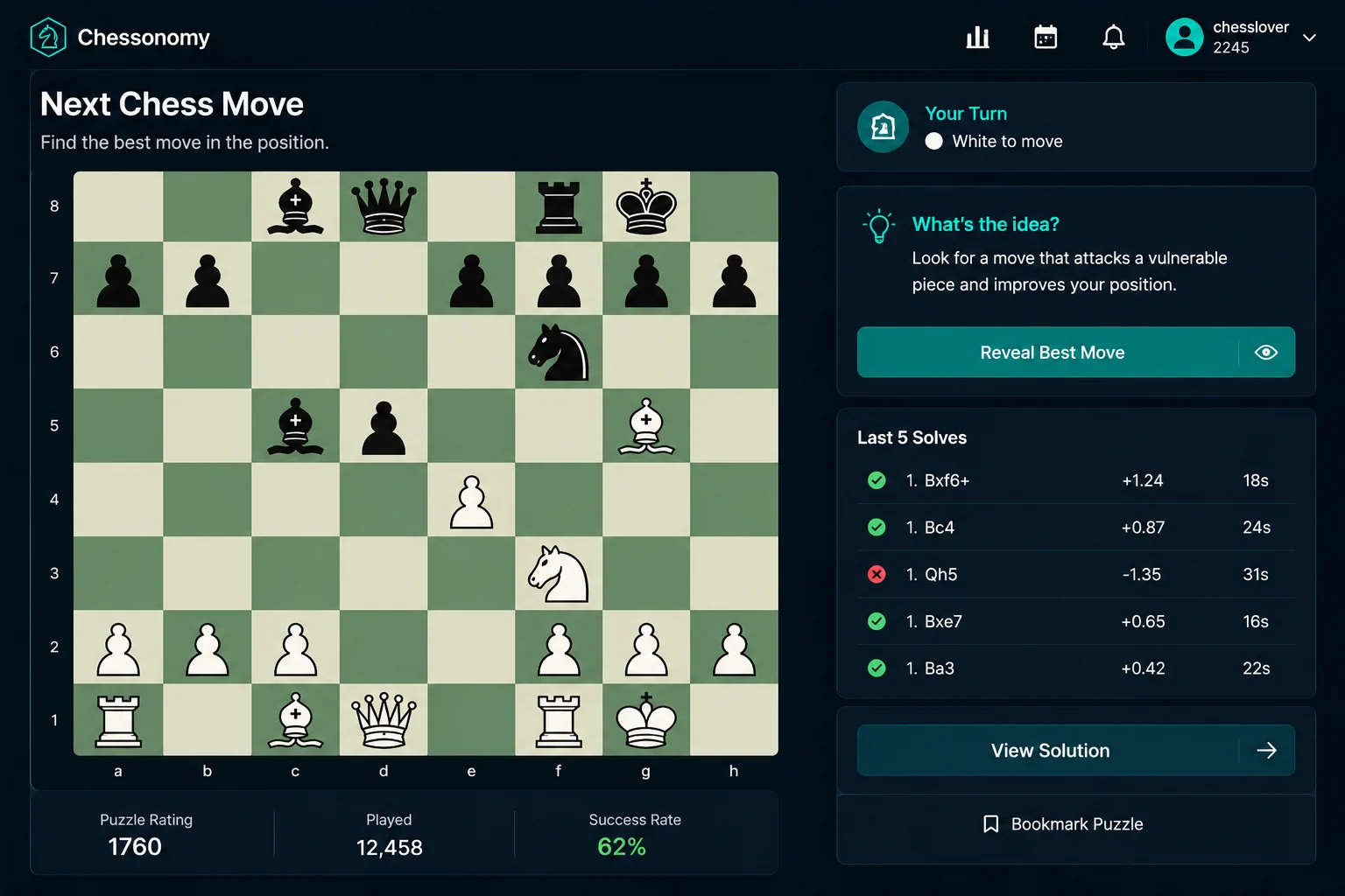 Chess board showing the next chess move with candidate arrows, Stockfish score, and best move explanation