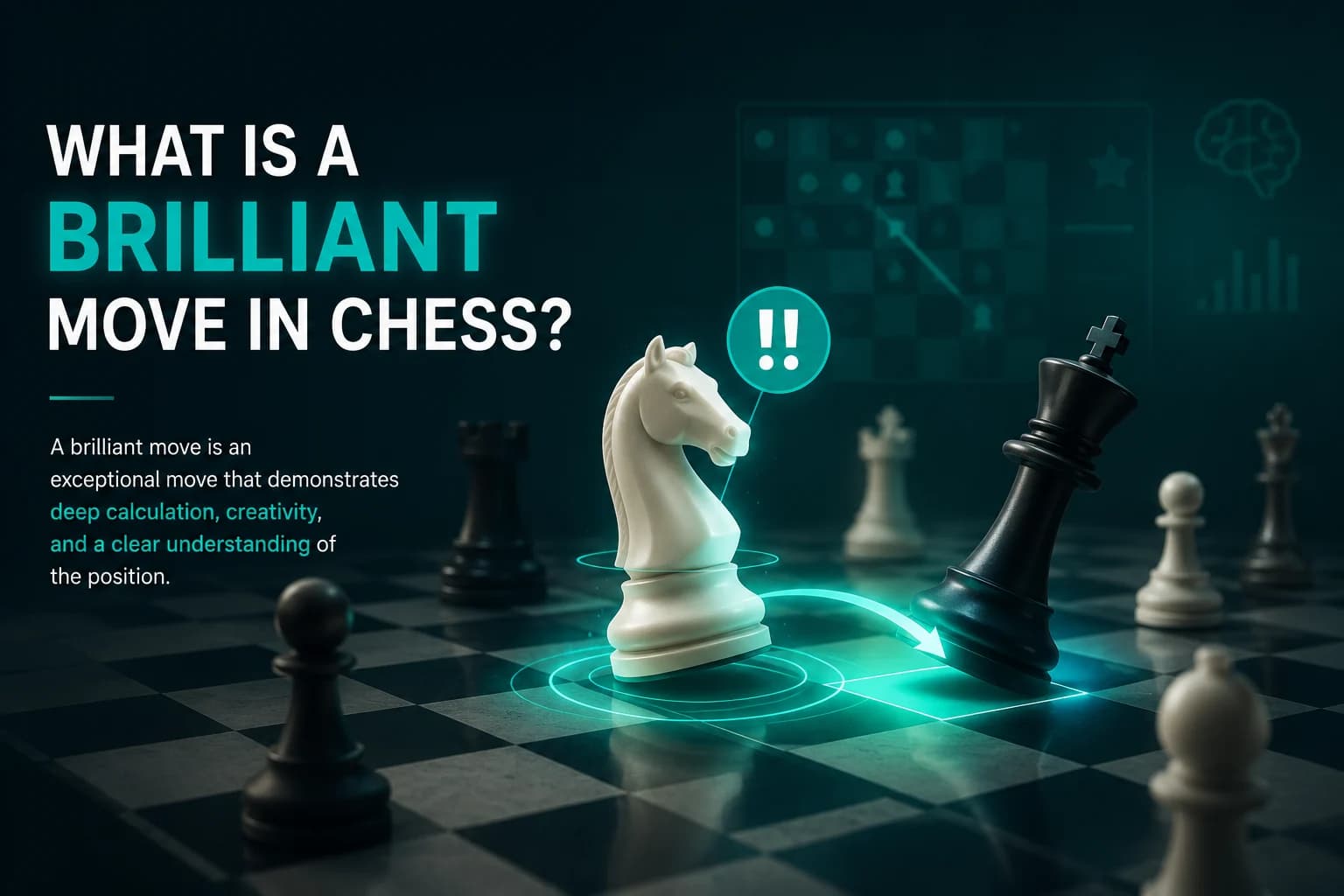 Chess analysis board showing a brilliant move candidate, engine evaluation, and tactical continuation