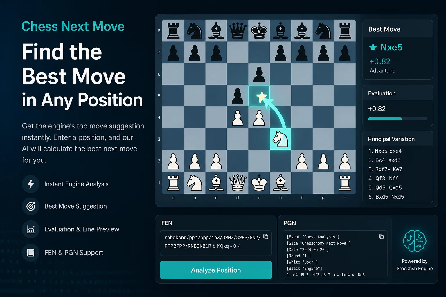 Chess move calculator with a pasted FEN, best move result, evaluation, and principal variation